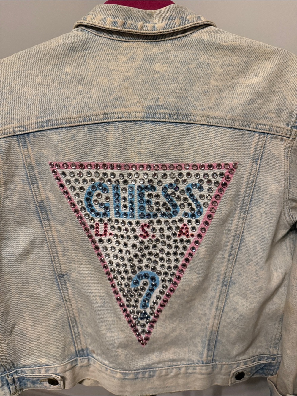 GUESS Light Blue Denim Jacket with Pink and Blue Studded Logo